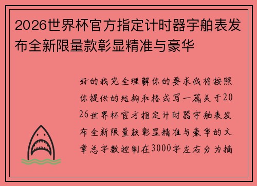 2026世界杯官方指定计时器宇舶表发布全新限量款彰显精准与豪华