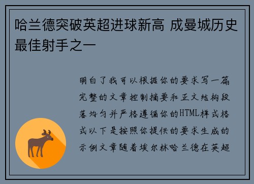 哈兰德突破英超进球新高 成曼城历史最佳射手之一 哈兰德突破英超进球新高 成曼城历史最佳射手之一