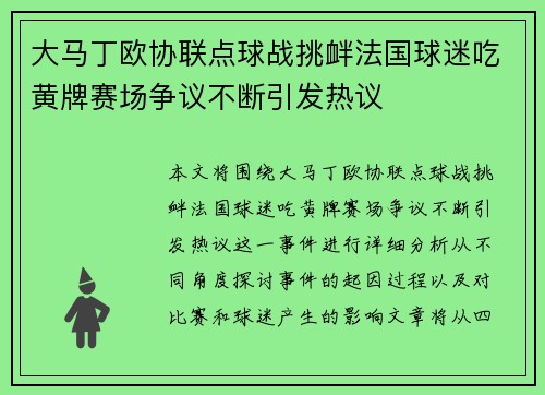 大马丁欧协联点球战挑衅法国球迷吃黄牌赛场争议不断引发热议 大马丁欧协联点球战挑衅法国球迷吃黄牌赛场争议不断引发热议