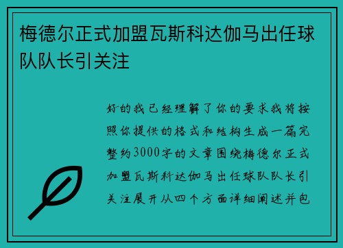 梅德尔正式加盟瓦斯科达伽马出任球队队长引关注
